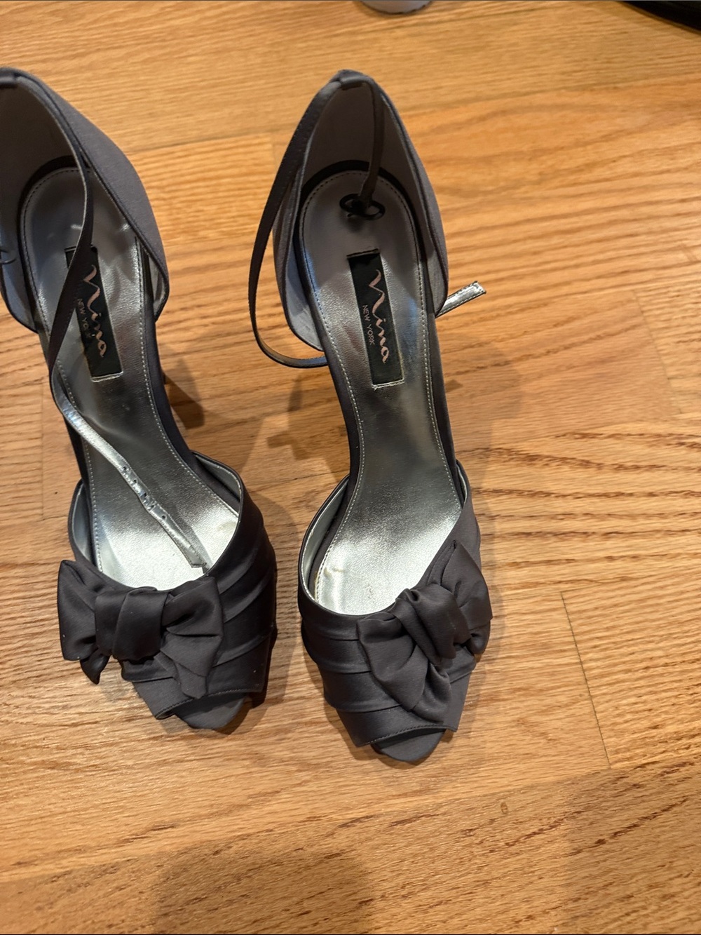 Nina Charcoal Gray Satin Peep-Toe Bow Heels